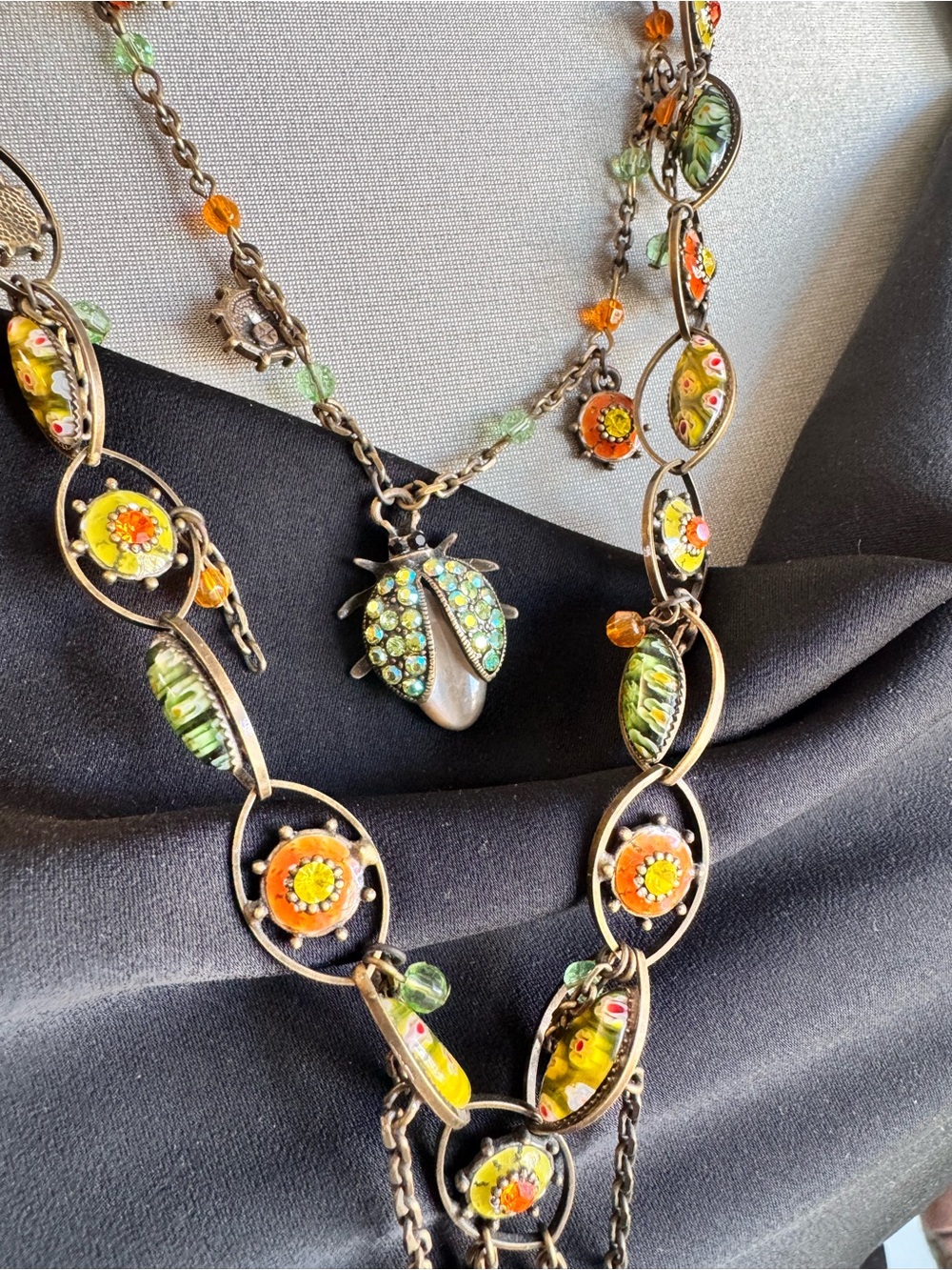 Vintage Style Triple Layer Millefiori Glass Necklace with Beetle Pendant